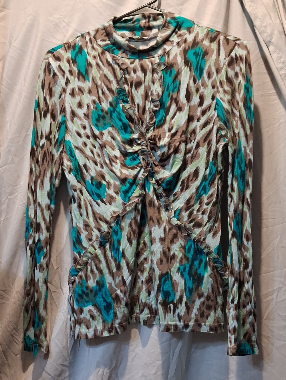 Cache Teal and Brown Animal-Print Ruffle Front Long Sleeve Top